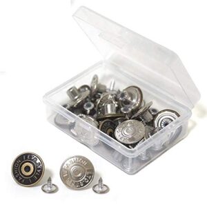 20 Sets Replacement Jean Buttons, 17mm Combo Copper Tack Buttons Replacement Kit with Rivets and Metal Base in Plastic Storage Box