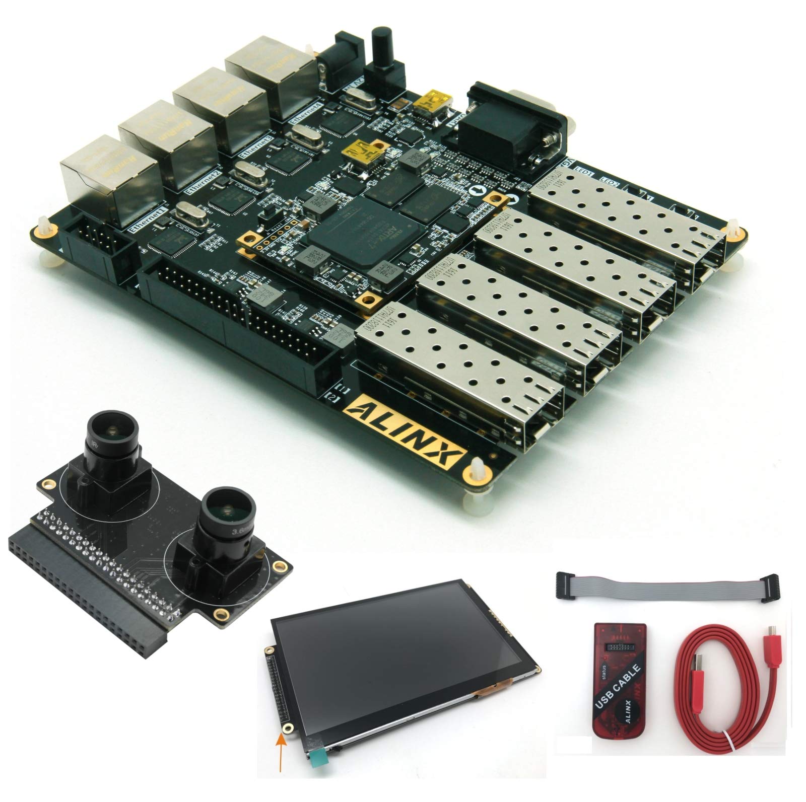 ALINX Brand XILINX A7 FPGA Development Board Artix-7 XC7A100T 4 Ethernet 4 SFP RS232 VGA fpga Evaluation kit (FPGA Board + Platform Cable USB + Camera Module + LCD Module)