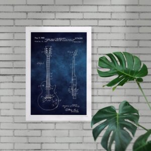 Wynwood Studio Music and Dance Framed Wall Art Prints 'Gibson Les Paul Guitar 1955 Chalkboard' Home Décor, 13" x 19", Blue, White