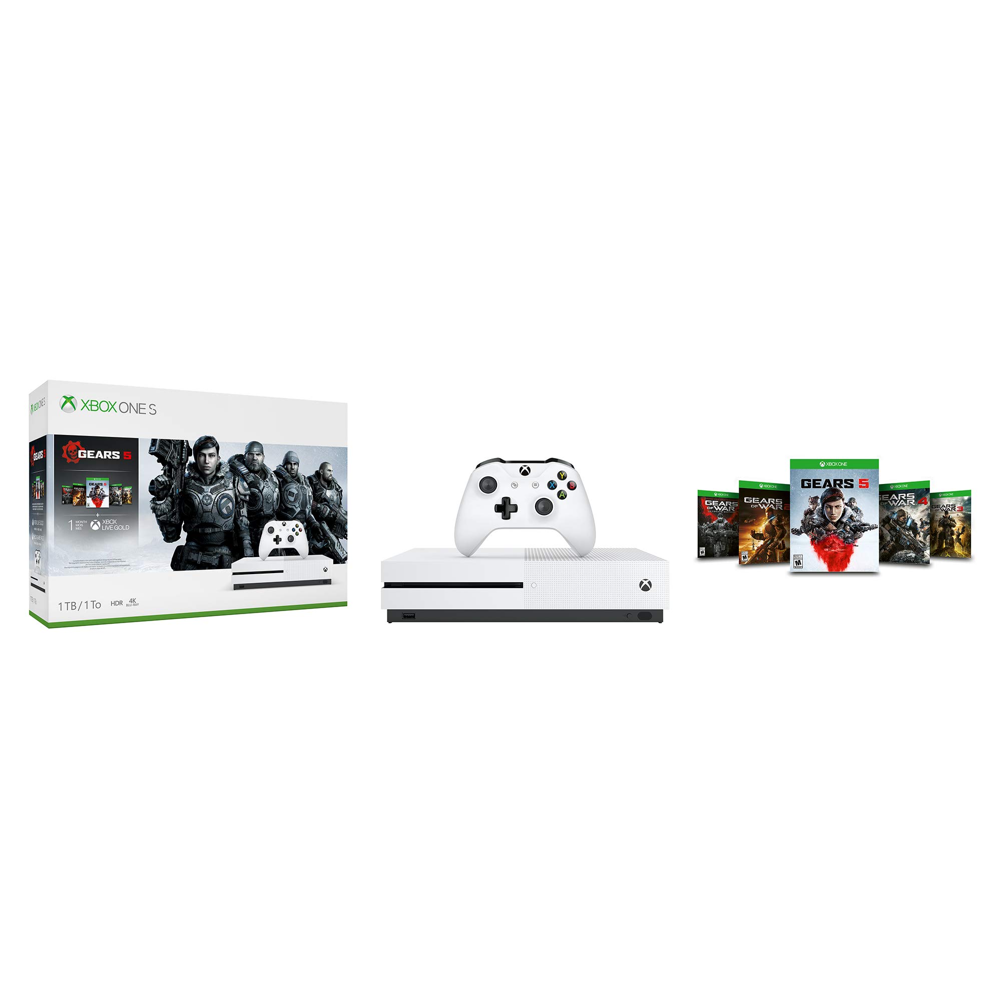 Microsoft Xbox One S 1TB Gears 5 Console Bundle - White Xbox One S Console & Controller - Full download of Gears 5 included - Custom AMD Octa-core CPU - 8GB RAM 1TB HDD - 4K Blu-ray & Streaming