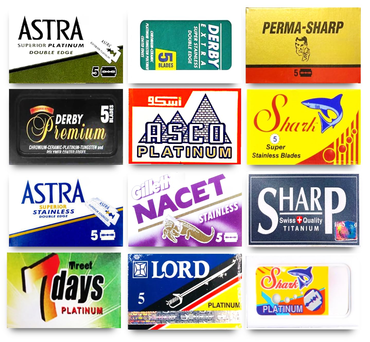 Razor Blades Club Astra-Derby-Shark-Permasharp-Sharp-Lord 60 Quality Double Edge Razor Blades Sampler (12 different brands)