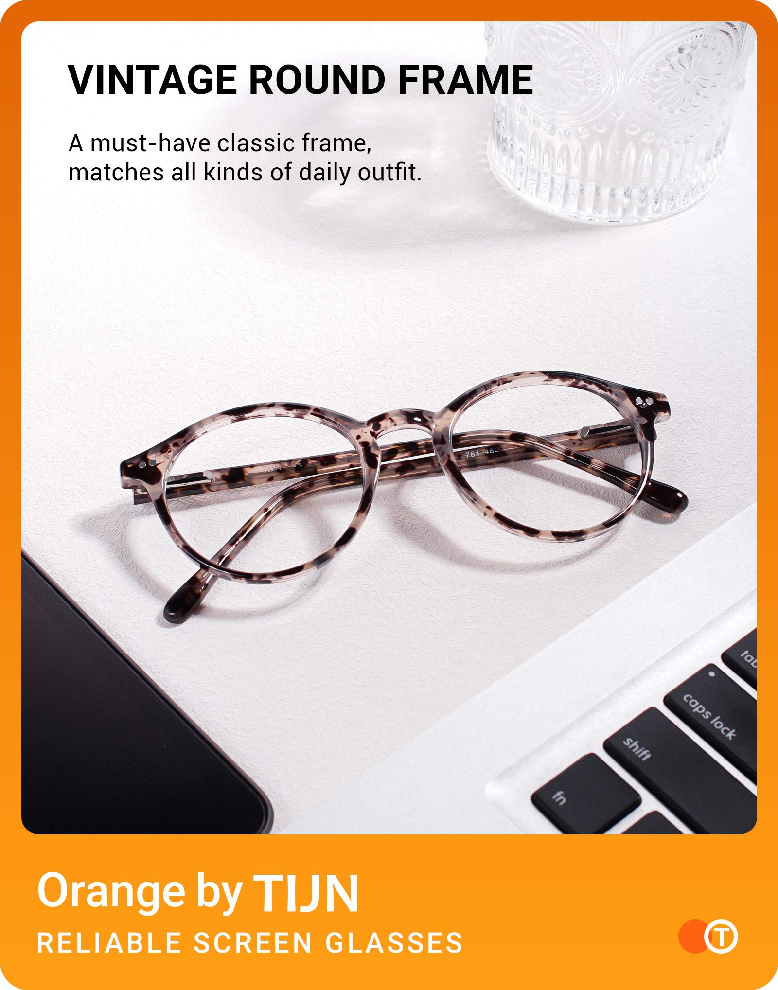 TIJN Blue Light Blocking Glasses Men Women Vintage Thick Round Rim Frame Eyeglasses(Marble Tortoise)