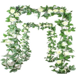 2 pack of artificial rose vine flowers with green leaves, 15 foot fake silk rose hanging vine flowers garland ivy plants for home hotel office wedding party garden craft art décor