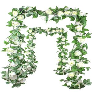 2 Pack of Artificial Rose Vine Flowers with Green Leaves, 15 Foot Fake Silk Rose Hanging Vine Flowers Garland Ivy Plants for Home Hotel Office Wedding Party Garden Craft Art Décor