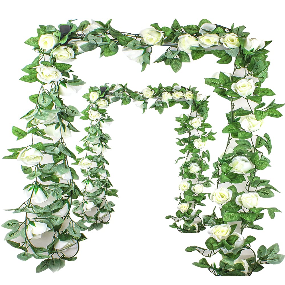 2 Pack of Artificial Rose Vine Flowers with Green Leaves, 15 Foot Fake Silk Rose Hanging Vine Flowers Garland Ivy Plants for Home Hotel Office Wedding Party Garden Craft Art Décor