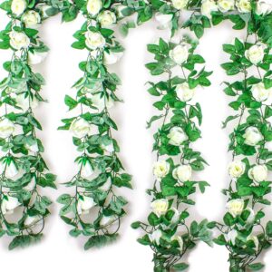 2 Pack of Artificial Rose Vine Flowers with Green Leaves, 15 Foot Fake Silk Rose Hanging Vine Flowers Garland Ivy Plants for Home Hotel Office Wedding Party Garden Craft Art Décor