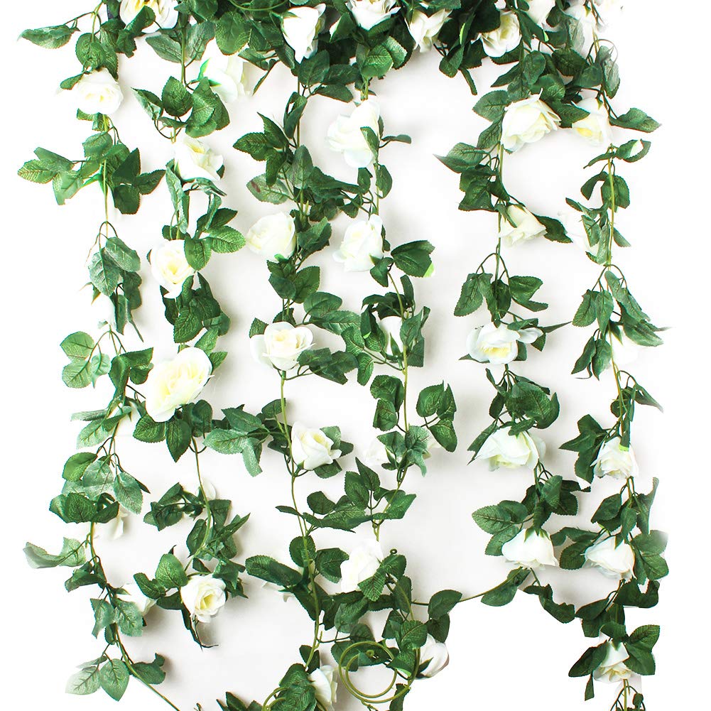 2 Pack of Artificial Rose Vine Flowers with Green Leaves, 15 Foot Fake Silk Rose Hanging Vine Flowers Garland Ivy Plants for Home Hotel Office Wedding Party Garden Craft Art Décor