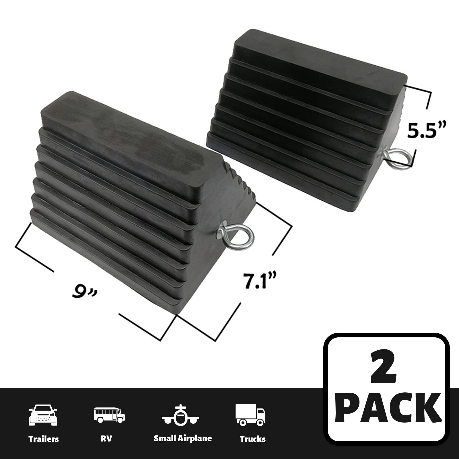 ROBLOCK 2 Pack Wheel Chocks Rubber Heavy Duty Black with Eyebolt, 9" Length x 7.1" Width x 5.5" Height