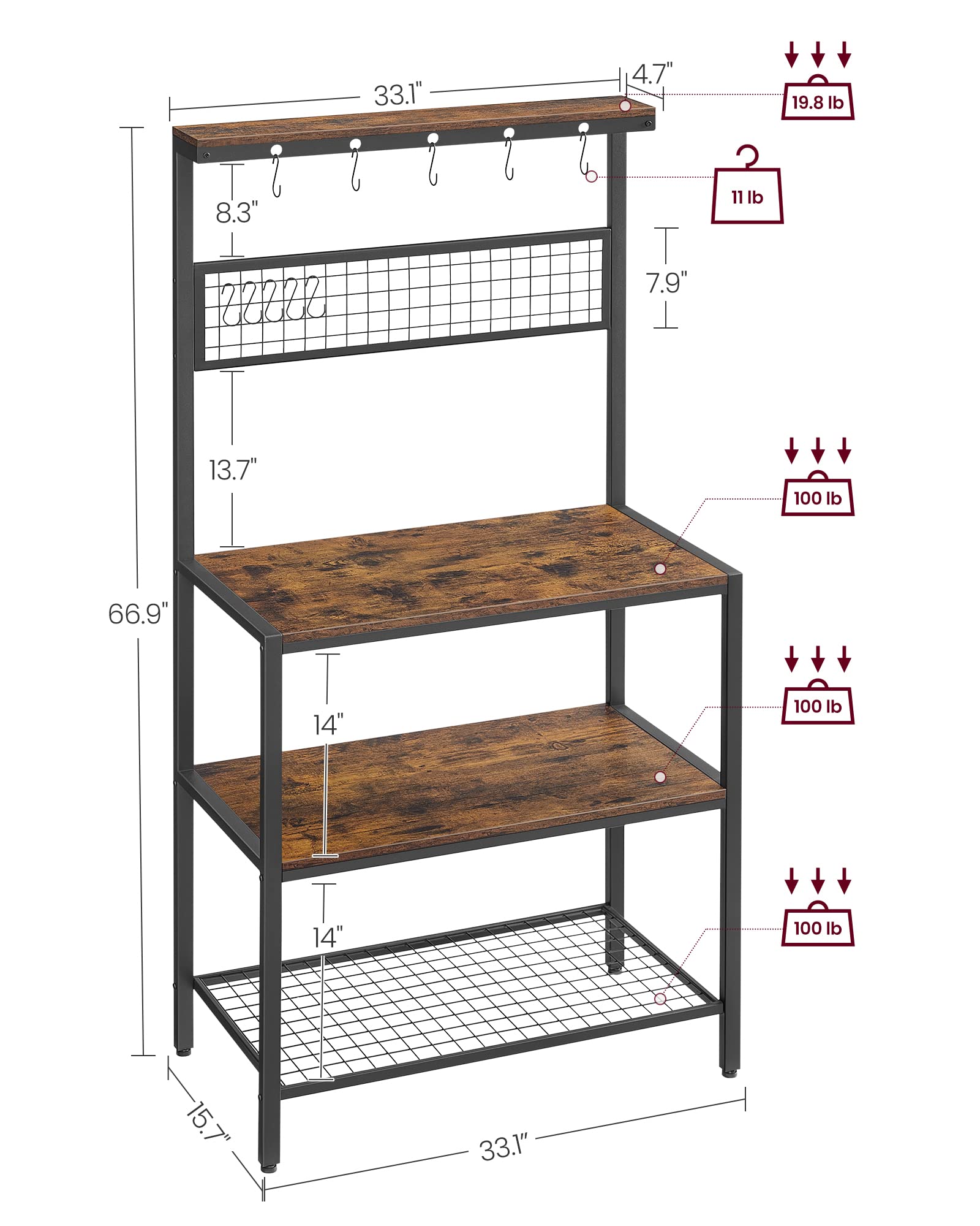 VASAGLE Bakers Rack, Coffee Bar, Kitchen Storage Shelf Rack with 10 Hooks, 3 Shelves, Adjustable Feet, for Microwave Oven, 15.7 x 33.1 x 66.9 Inches, Industrial, Rustic Brown and Black UKKS17BX