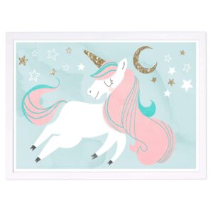 wynwood studio fantasy and sci-fi framed wall art prints 'unicorn and the moon' home décor, 19" x 13", pink, gold