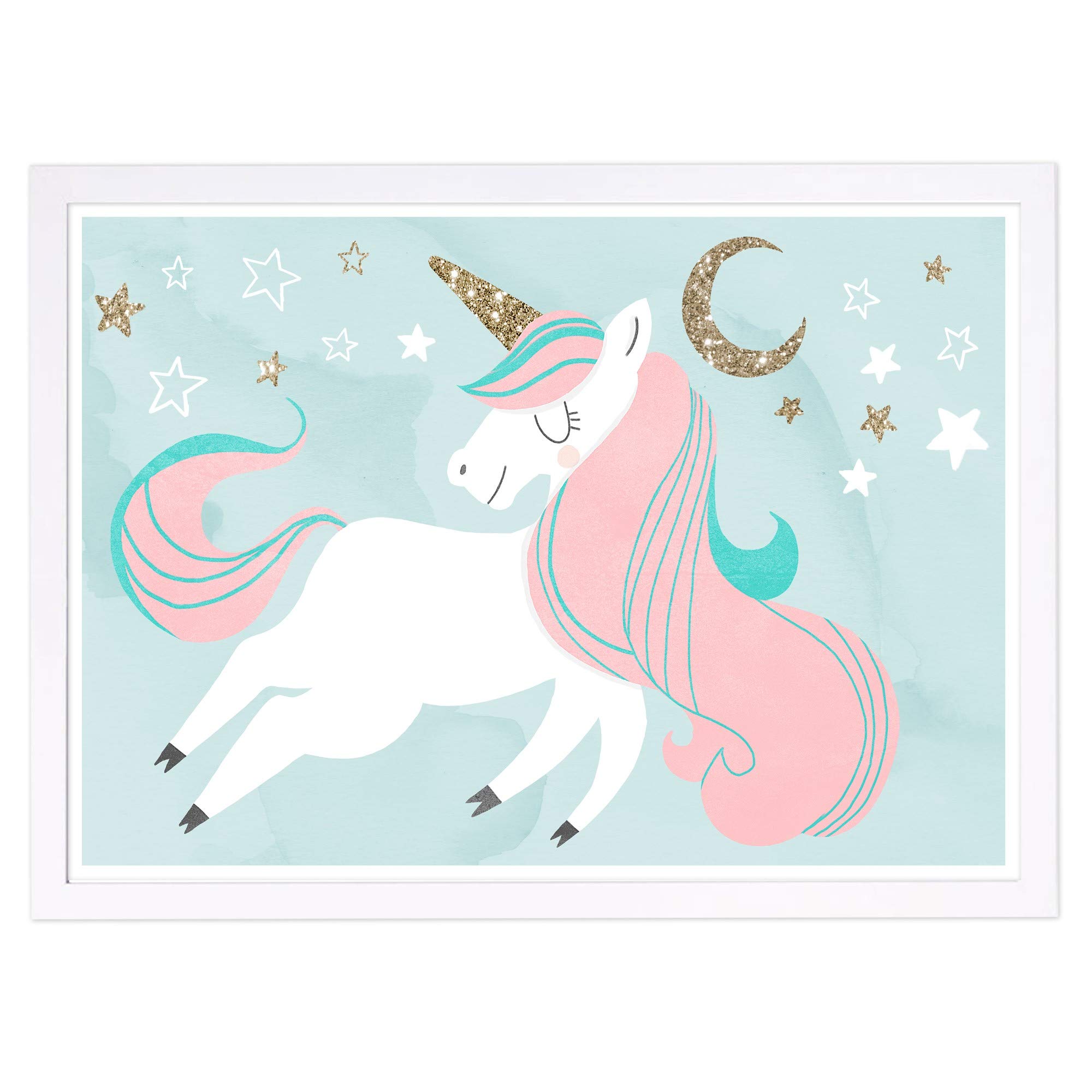 Wynwood Studio Fantasy and Sci-Fi Framed Wall Art Prints 'Unicorn and The Moon' Home Décor, 19" x 13", Pink, Gold