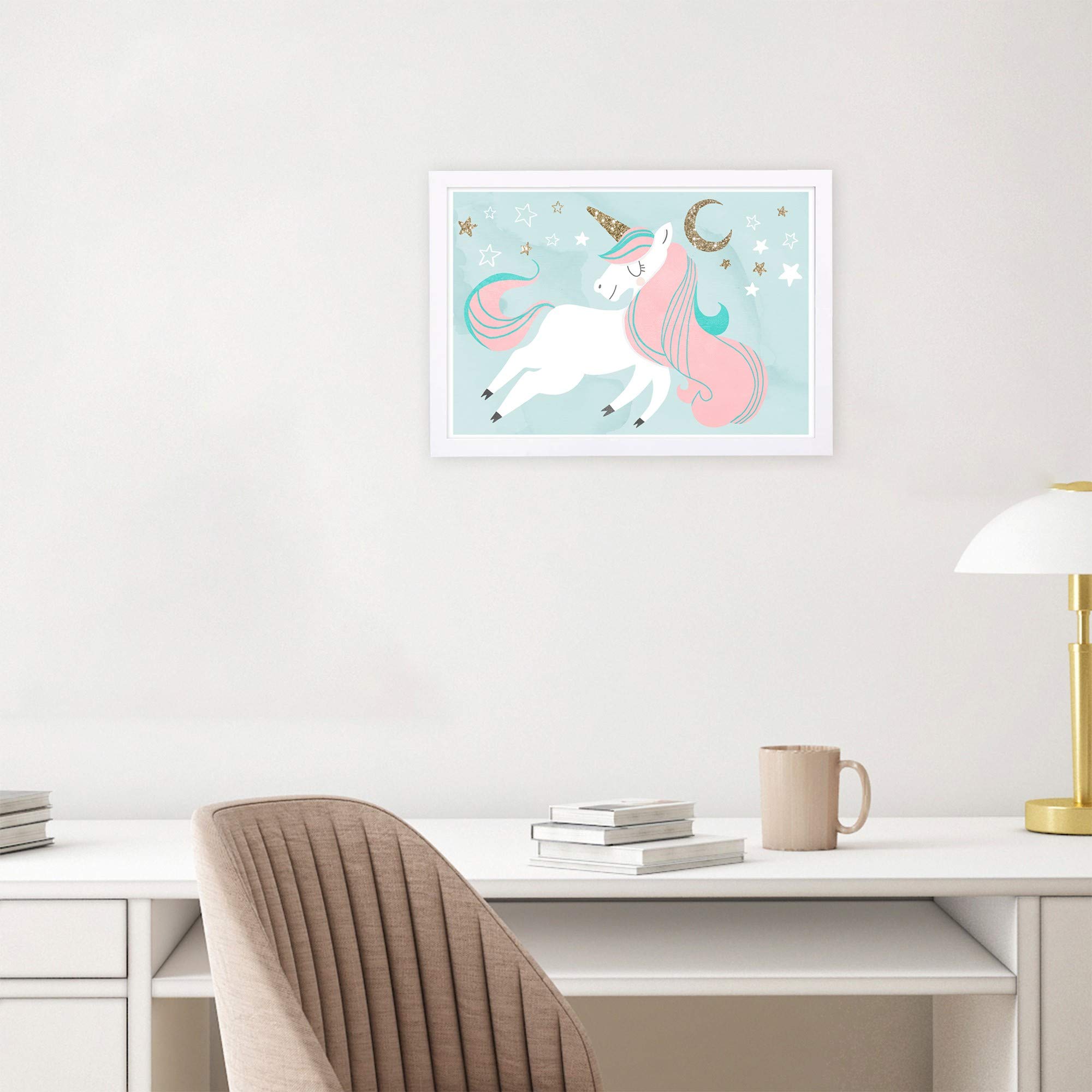 Wynwood Studio Fantasy and Sci-Fi Framed Wall Art Prints 'Unicorn and The Moon' Home Décor, 19" x 13", Pink, Gold