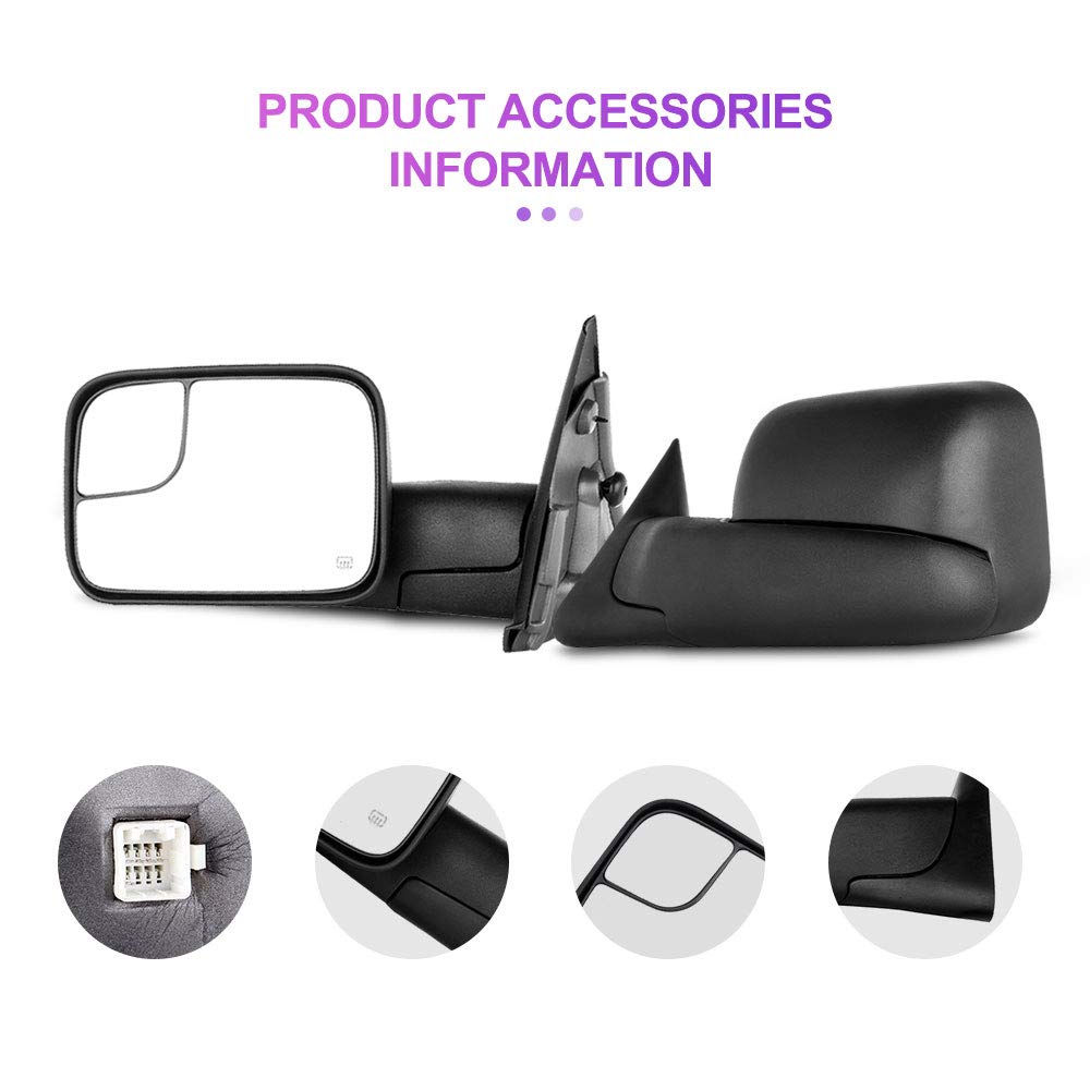 INEEDUP Towing Mirrors Tow Mirrors Fit for 2002-2008 for Dodge for Ram 1500 2003-2009 for Dodge for Ram 2500/3500 with Left and Right Side Power Adjusted Heated Without Signal Light Manual Flip Up