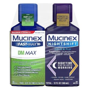 mucinex fastmax dm max cold & flu liquid - thins mucus, relieves cough, chest congestion, pain, fever, sneezing, sore throat, runny nose