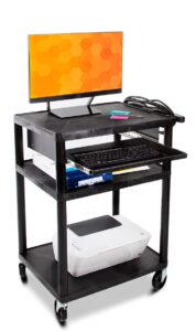 line leader plastic av cart with keyboard tray, mobile workstation with storage for offices and schools, rolling with 4 casters, 2 locking brakes, heavy duty, holds up to 100 lbs (black, 24 x 18 x 34)