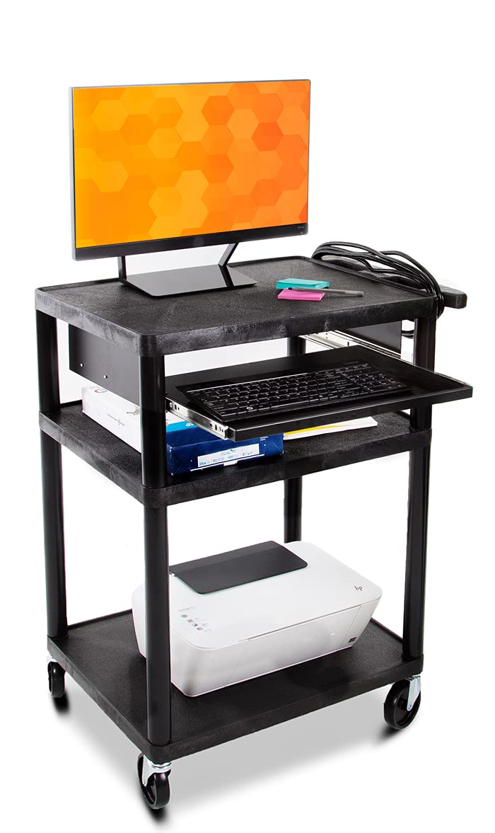 Line Leader Plastic AV Cart with Keyboard Tray, Mobile Workstation with Storage For Offices and Schools, Rolling with 4 Casters, 2 Locking Brakes, Heavy Duty, Holds up to 100 lbs (Black, 24 x 18 x 34)