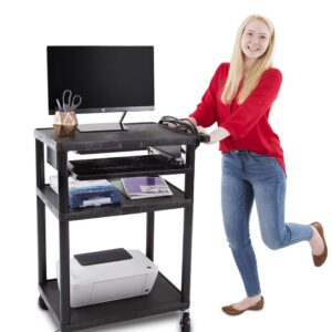 Line Leader Plastic AV Cart with Keyboard Tray, Mobile Workstation with Storage For Offices and Schools, Rolling with 4 Casters, 2 Locking Brakes, Heavy Duty, Holds up to 100 lbs (Black, 24 x 18 x 34)