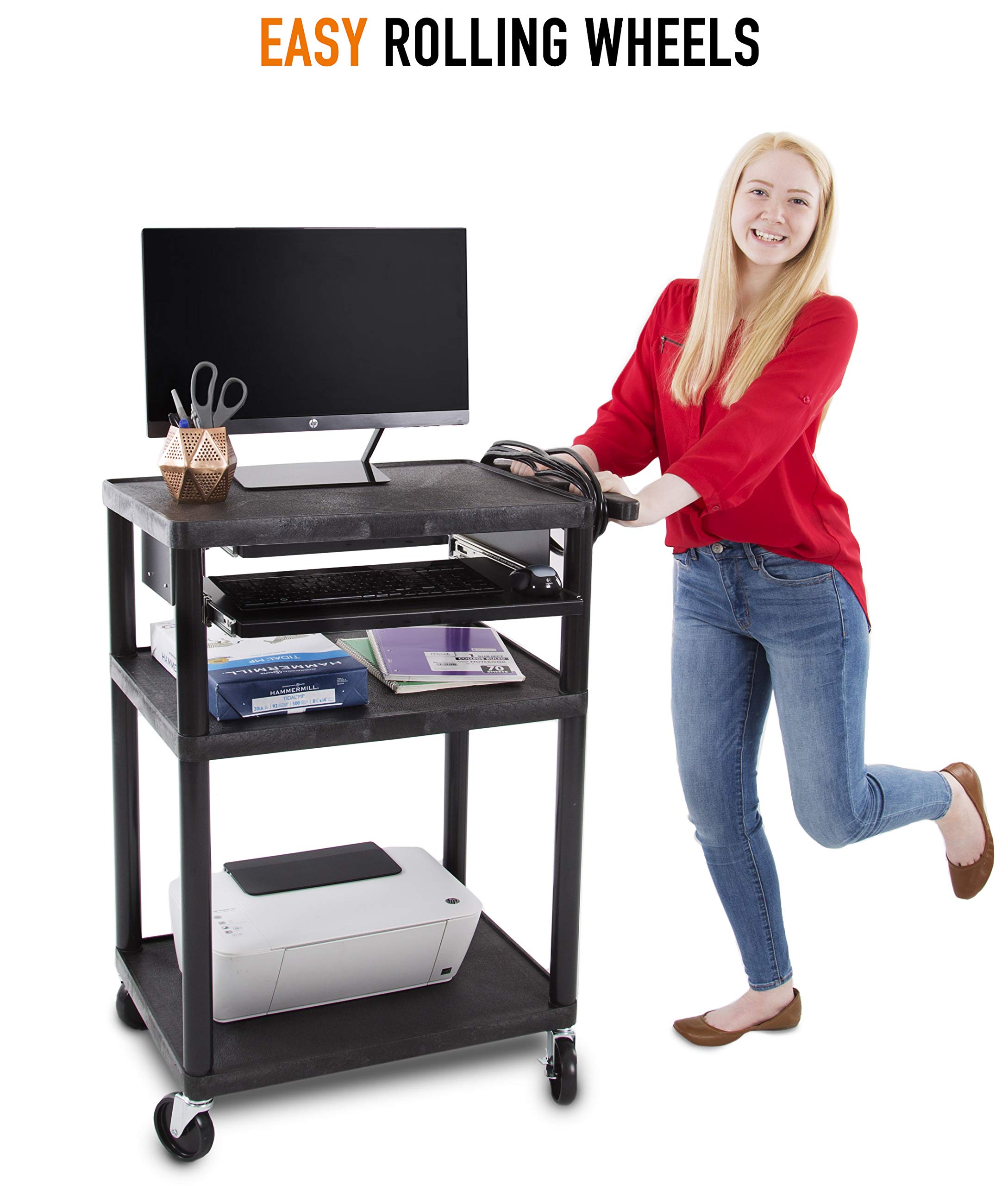 Line Leader Plastic AV Cart with Keyboard Tray, Mobile Workstation with Storage For Offices and Schools, Rolling with 4 Casters, 2 Locking Brakes, Heavy Duty, Holds up to 100 lbs (Black, 24 x 18 x 34)