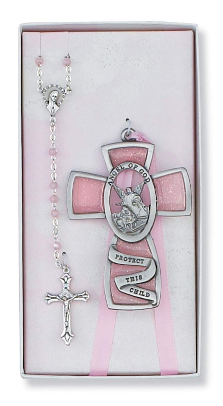 Guardian Angel Boys Girls Pewter Crib Cross Rosary Set Nursery Room Decor Baptism Christening (Pink)