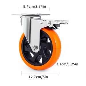 5" Swivel Plate Casters Wheels with Screw Safety Dual Locking and Polyurethane Foam No Noise Wheels,Heavy Duty-550 Lbs Per Caster