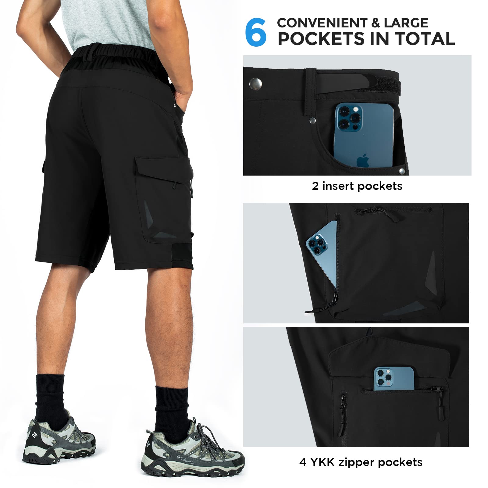 XKTTAC Men's Outdoor Quick Dry Lightweight Stretch Cargo Shorts for Hiking, Tactical, Casual, Fishing, Golf, Camping, Travel with 6 Pockets (Black, Large)