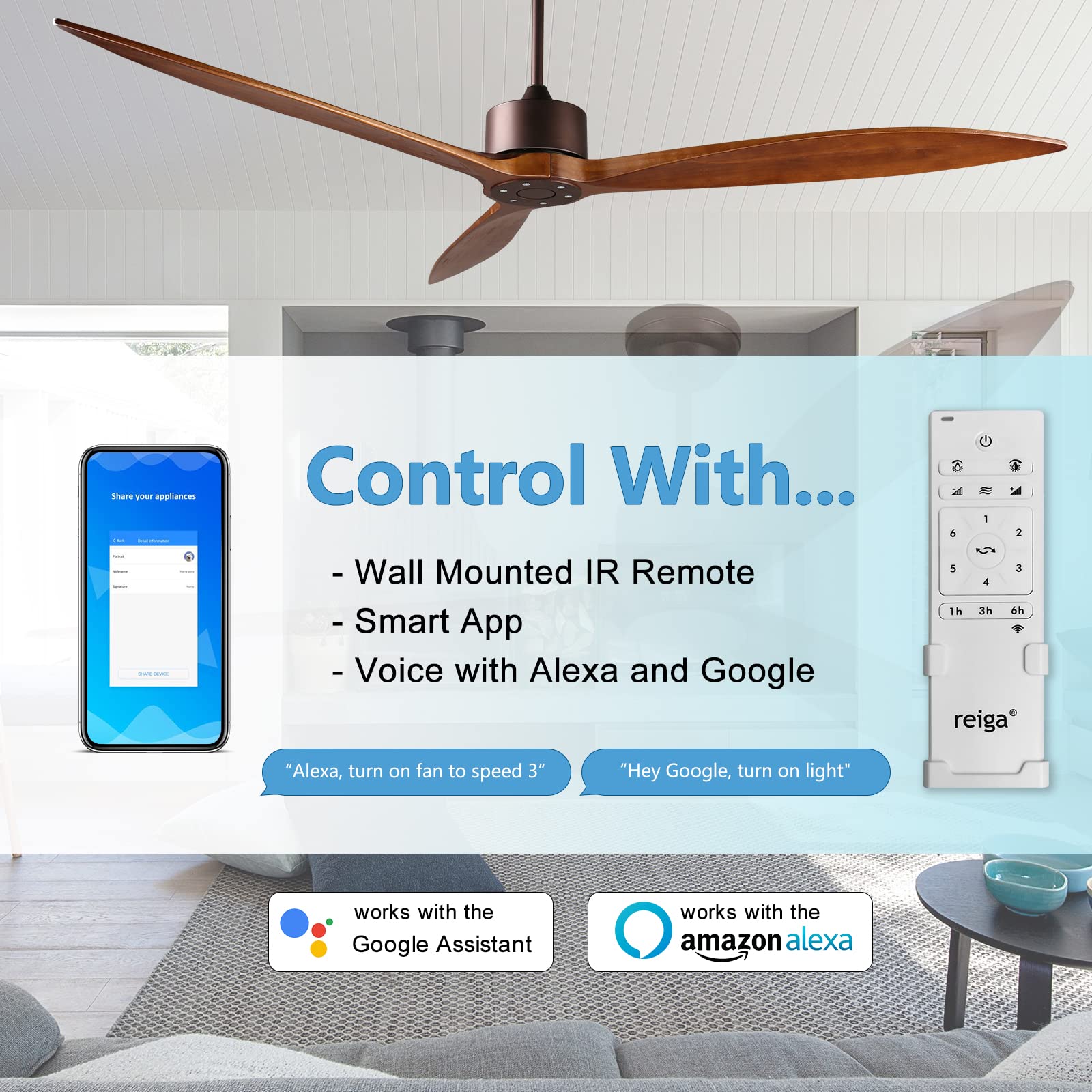 reiga 65" DC Motor Indoor Outdoor Modern Smart Large Ceiling Fan High CFM with 3 Wood Blades Wifi Alexa App Remote Control for Patio Garage Farmhouse Oil-Rubbed Bronze