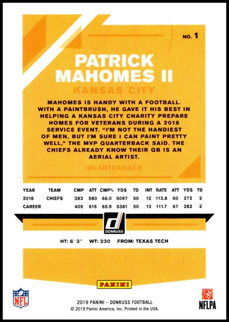 2019 Donruss #1 Patrick Mahomes II NM-MT Kansas City Chiefs Officially Licensed NFL Football Trading Card