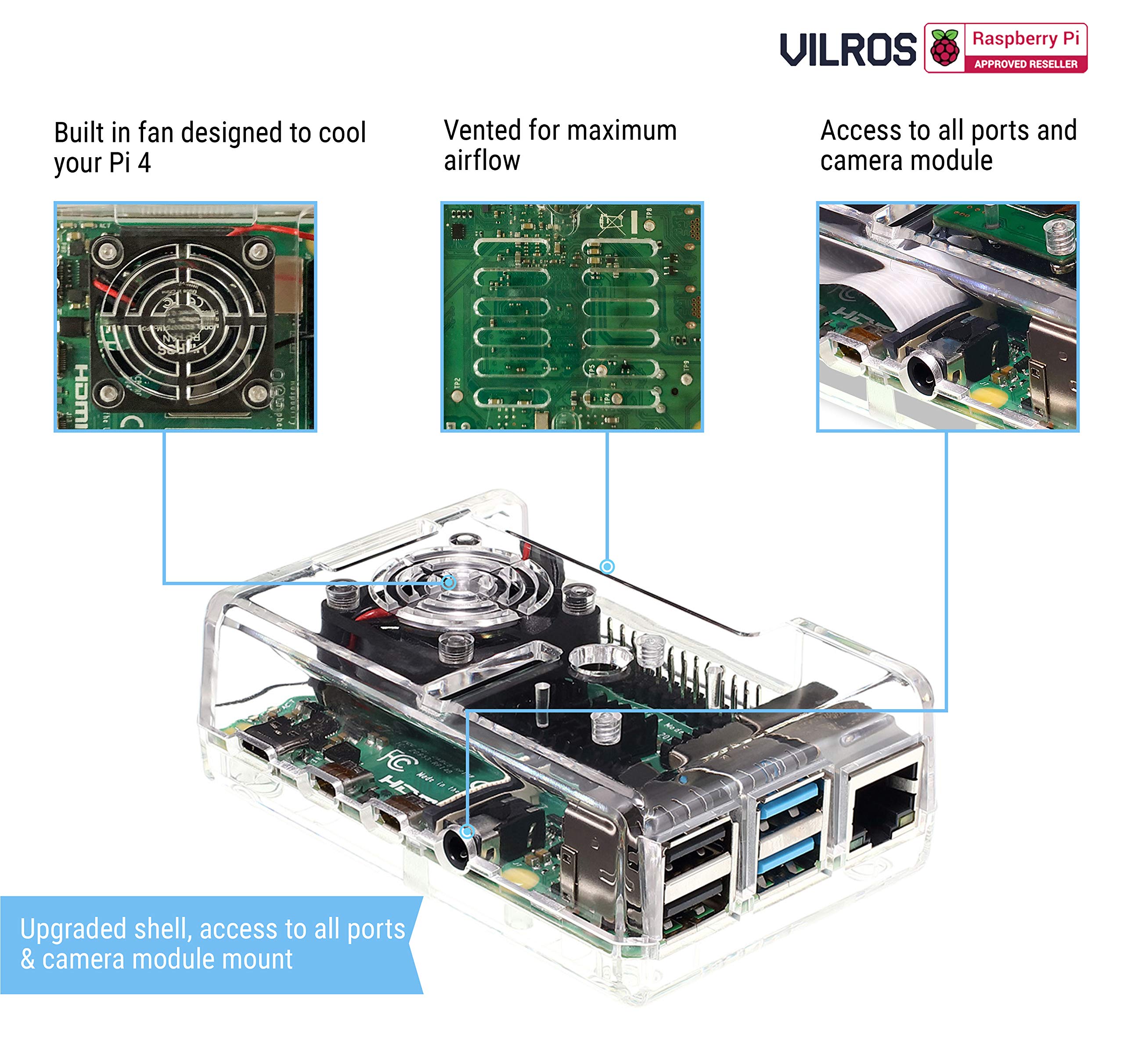 Vilros Raspberry Pi 4 Compatible Case with Built in Fan (Clear Transparent)