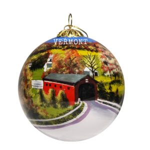 blown glass christmas ornament | covered bridge vermont | hand painted inside | original art | includes gift box