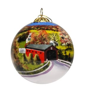 Blown Glass Christmas Ornament | Covered Bridge Vermont | Hand Painted Inside | Original Art | Includes Gift Box