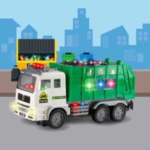 Zetz Brands Toy Garbage Truck for Kids with 4D Lights and Sounds - Battery Operated Automatic Bump & Go Car - Sanitation Truck Stickers