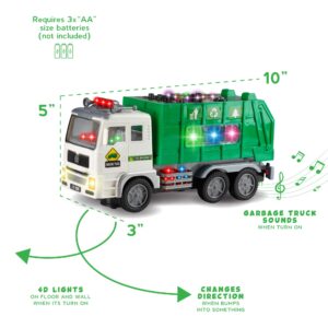 Zetz Brands Toy Garbage Truck for Kids with 4D Lights and Sounds - Battery Operated Automatic Bump & Go Car - Sanitation Truck Stickers