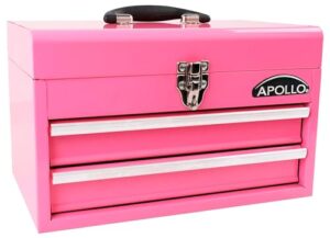 apollo tools 14 inch steel tool box with deep top compartment and 2 drawers in heavy-duty steel with ball bearing opening and powder coated finish - pink ribbon - pink - dt5010p