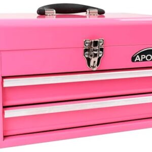 Apollo Tools 14 Inch Steel Tool Box with Deep Top Compartment and 2 Drawers in Heavy-Duty Steel With Ball Bearing Opening and Powder Coated Finish - Pink Ribbon - Pink - DT5010P