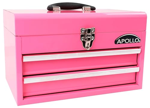 Apollo Tools 14 Inch Steel Tool Box with Deep Top Compartment and 2 Drawers in Heavy-Duty Steel With Ball Bearing Opening and Powder Coated Finish - Pink Ribbon - Pink - DT5010P