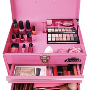 Apollo Tools 14 Inch Steel Tool Box with Deep Top Compartment and 2 Drawers in Heavy-Duty Steel With Ball Bearing Opening and Powder Coated Finish - Pink Ribbon - Pink - DT5010P