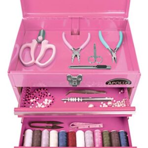 Apollo Tools 14 Inch Steel Tool Box with Deep Top Compartment and 2 Drawers in Heavy-Duty Steel With Ball Bearing Opening and Powder Coated Finish - Pink Ribbon - Pink - DT5010P