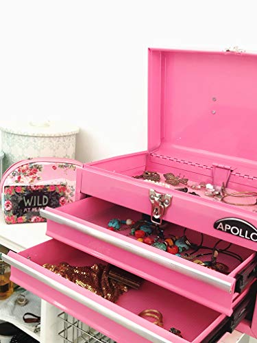 Apollo Tools 14 Inch Steel Tool Box with Deep Top Compartment and 2 Drawers in Heavy-Duty Steel With Ball Bearing Opening and Powder Coated Finish - Pink Ribbon - Pink - DT5010P