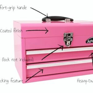 Apollo Tools 14 Inch Steel Tool Box with Deep Top Compartment and 2 Drawers in Heavy-Duty Steel With Ball Bearing Opening and Powder Coated Finish - Pink Ribbon - Pink - DT5010P