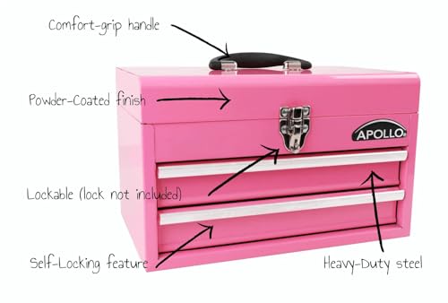 Apollo Tools 14 Inch Steel Tool Box with Deep Top Compartment and 2 Drawers in Heavy-Duty Steel With Ball Bearing Opening and Powder Coated Finish - Pink Ribbon - Pink - DT5010P