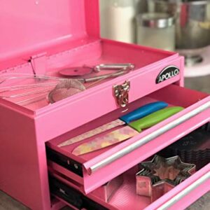 Apollo Tools 14 Inch Steel Tool Box with Deep Top Compartment and 2 Drawers in Heavy-Duty Steel With Ball Bearing Opening and Powder Coated Finish - Pink Ribbon - Pink - DT5010P