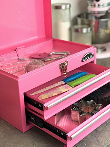 Apollo Tools 14 Inch Steel Tool Box with Deep Top Compartment and 2 Drawers in Heavy-Duty Steel With Ball Bearing Opening and Powder Coated Finish - Pink Ribbon - Pink - DT5010P