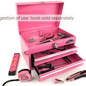 Apollo Tools 14 Inch Steel Tool Box with Deep Top Compartment and 2 Drawers in Heavy-Duty Steel With Ball Bearing Opening and Powder Coated Finish - Pink Ribbon - Pink - DT5010P