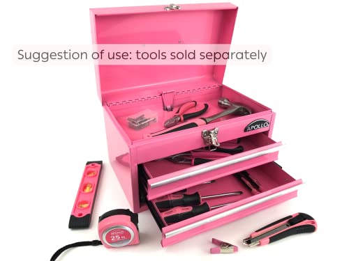 Apollo Tools 14 Inch Steel Tool Box with Deep Top Compartment and 2 Drawers in Heavy-Duty Steel With Ball Bearing Opening and Powder Coated Finish - Pink Ribbon - Pink - DT5010P