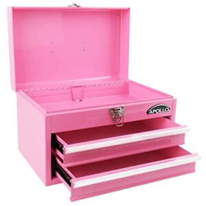 Apollo Tools 14 Inch Steel Tool Box with Deep Top Compartment and 2 Drawers in Heavy-Duty Steel With Ball Bearing Opening and Powder Coated Finish - Pink Ribbon - Pink - DT5010P