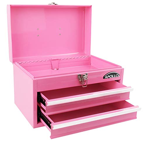 Apollo Tools 14 Inch Steel Tool Box with Deep Top Compartment and 2 Drawers in Heavy-Duty Steel With Ball Bearing Opening and Powder Coated Finish - Pink Ribbon - Pink - DT5010P