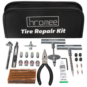 hromee 56 pieces tire repair tools kit for car, trucks, motorcycle, atv, rv universal emergency flat tire puncture repair patch set with portable bag