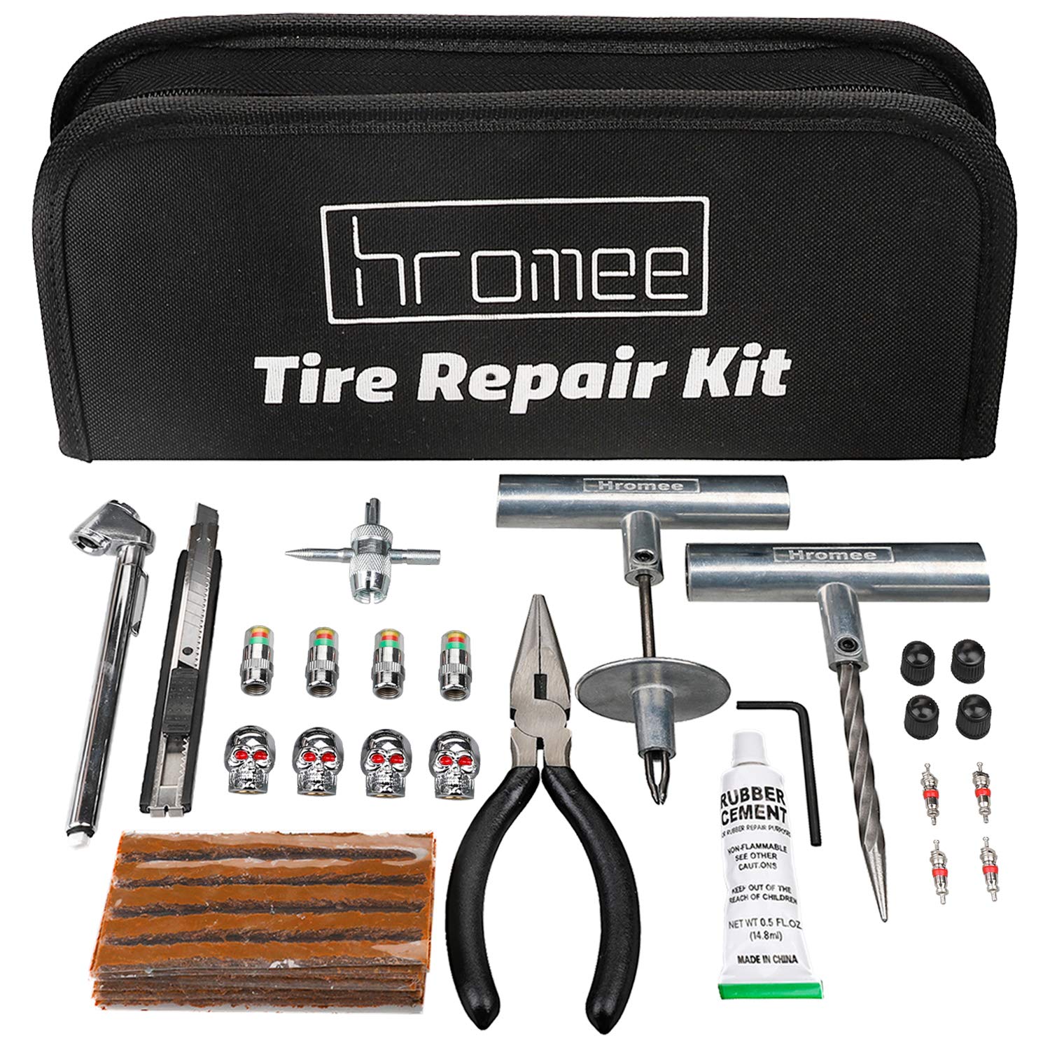 Hromee 56 Pieces Tire Repair Tools Kit for Car, Trucks, Motorcycle, ATV, RV Universal Emergency Flat Tire Puncture Repair Patch Set with Portable Bag