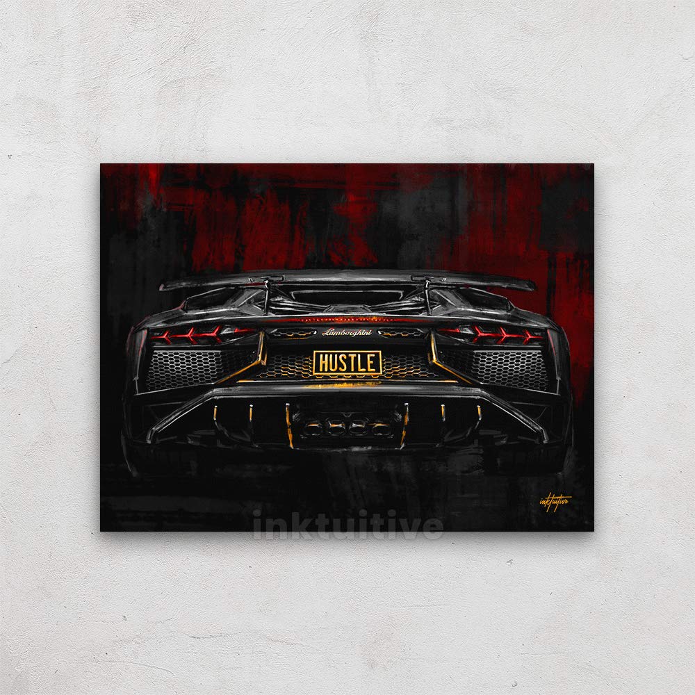 Inktuitive 'Hustlin Bull' Motivational Canvas Wall Art, 40 x 30-Inch Hustle and Luxury Lambo Inspirational Wall Decor, Ready-to-Hang Modern Wall Art for Living Room