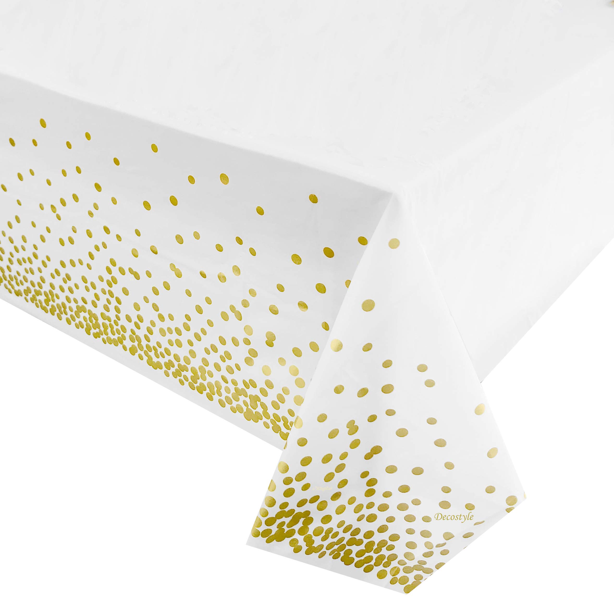 DECOSTYLE Plastic Tablecloth for Parties, Party Table Cloths Disposable, Stylish Design, Gold Dots Decorations, White, Waterproof, Rectangular Table Cover, 54 Inch x 108 Inch